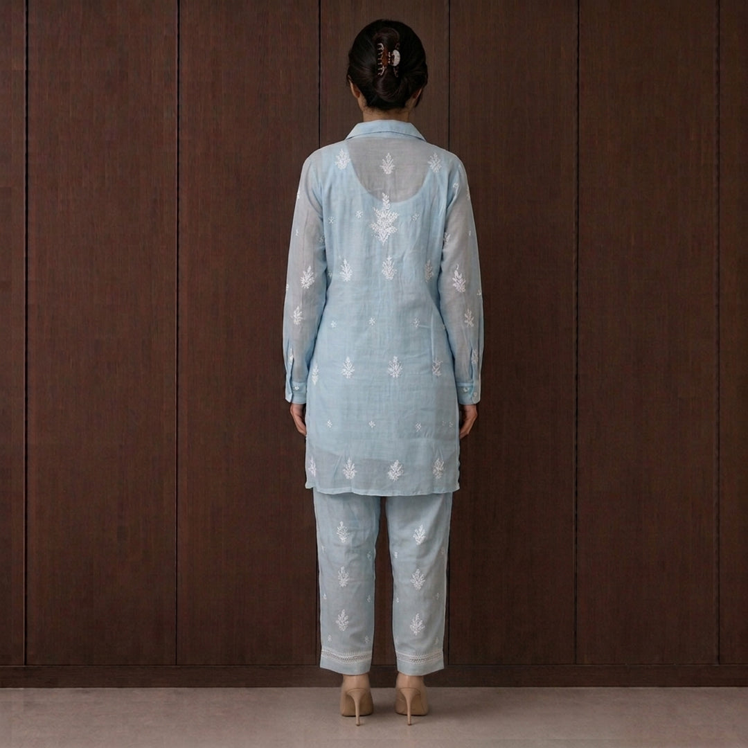 Gayaabi Neelaya Chikankari Mul Chanderi Co-ord Set