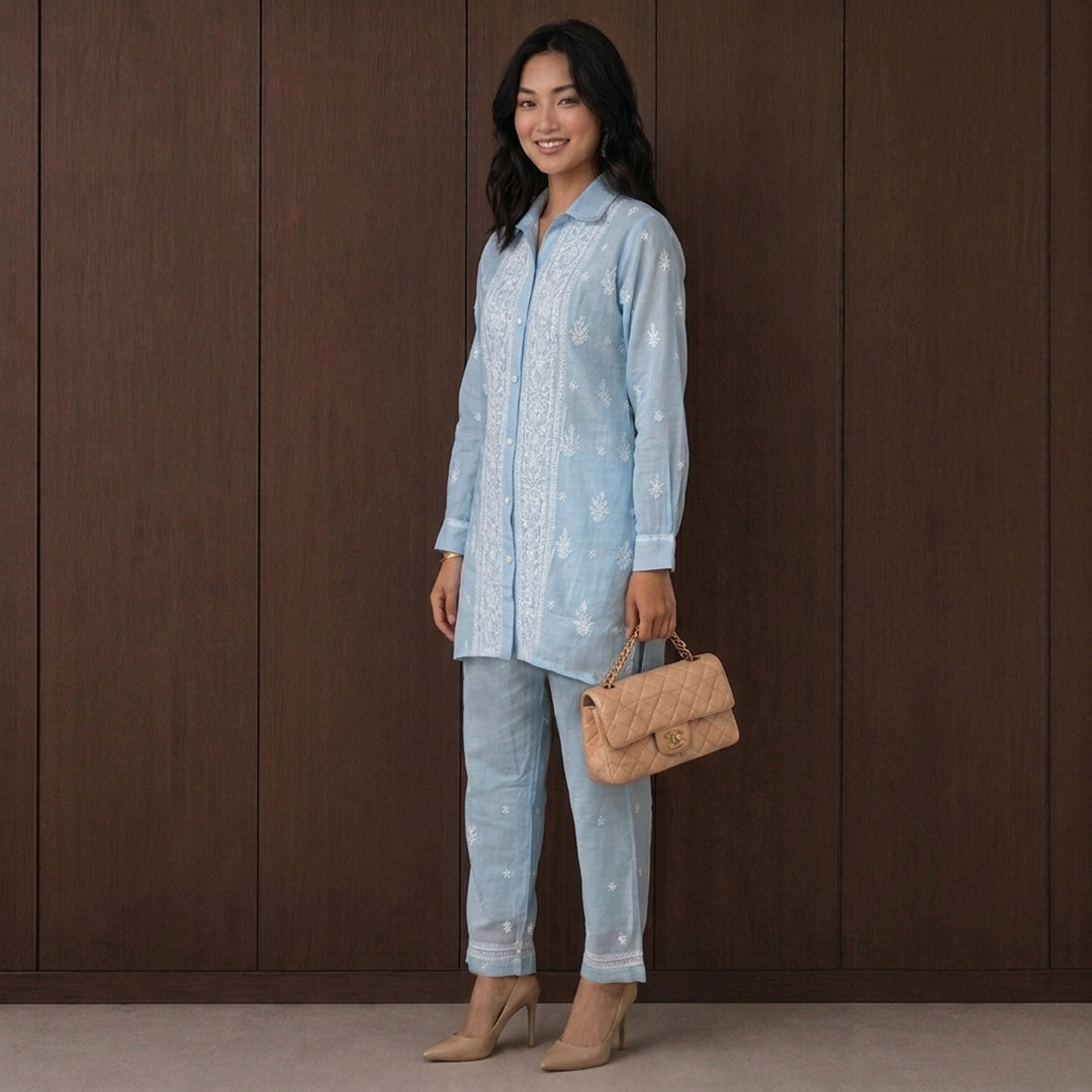 Gayaabi Neelaya Chikankari Mul Chanderi Co-ord Set