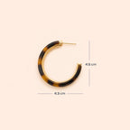 A pair of open hoop earrings with a glossy Leopard pattern in dark brown and black, framed by a polished gold-tone metal border and post, set against a solid pale peach background with size.