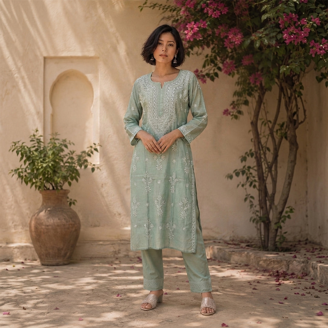 A woman stands outdoors wearing a light sage green embroidered kurta and matching trousers. The setting features a warm beige stucco wall, a large terracotta pot, and a flowering tree with pink blossoms.