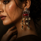 A close-up side profile of a woman wearing an ornate silver-toned dangle earring with a prominent oval red stone, small green stones, and clusters of white faux pearls.