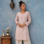 Gayaabi Pankhuri Chikankari Mul Chanderi Kurta