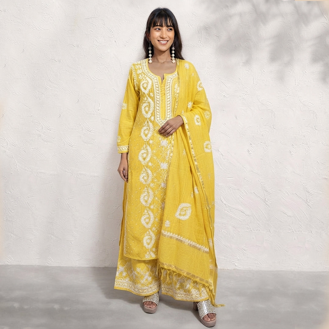 Gayaabi Sunehri Chikankari Mul Chanderi Kurta set