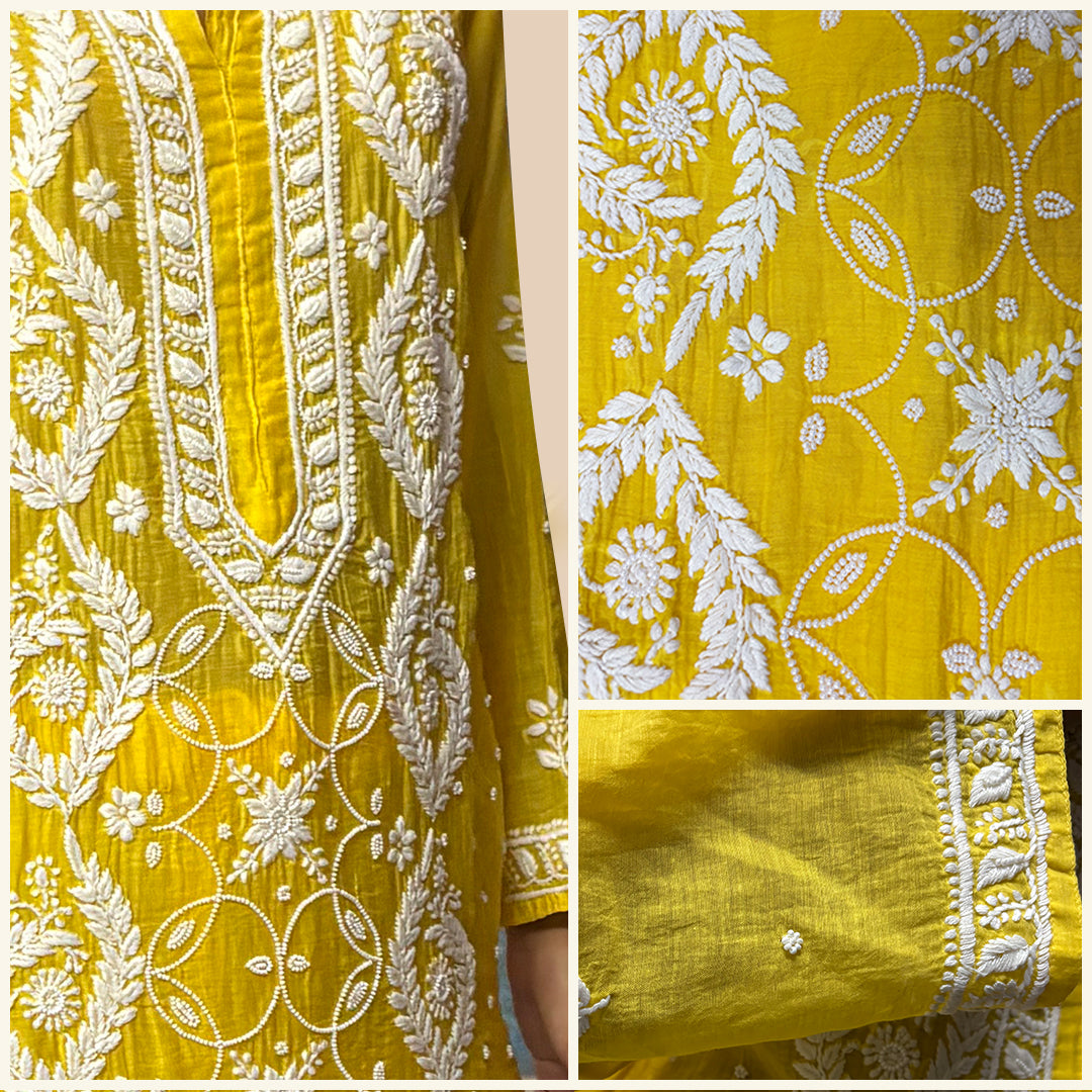 Gayaabi Sunehri Chikankari Mul Chanderi Kurta set