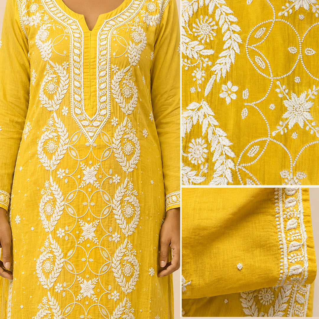 Yellow embroidered kurta with white floral and geometric patterns, shown on a model with close-up detail panels of the embroidery and fabric border.